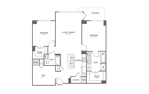 Floor plan Two Bedroom Two Bath With Den (1,180 SF)