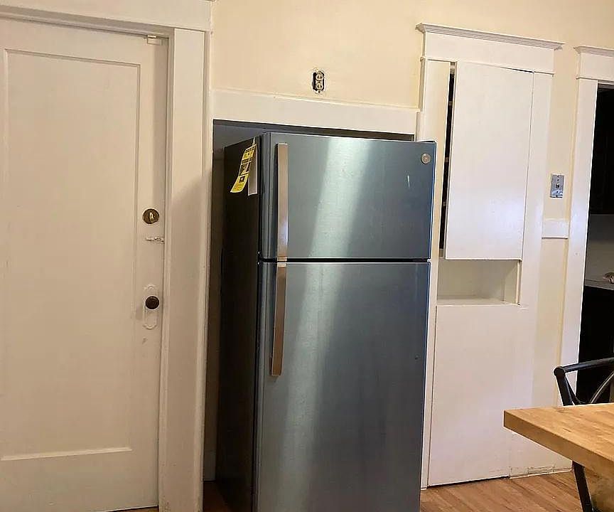 Fridge & Cupboards (Door on left is the back door).