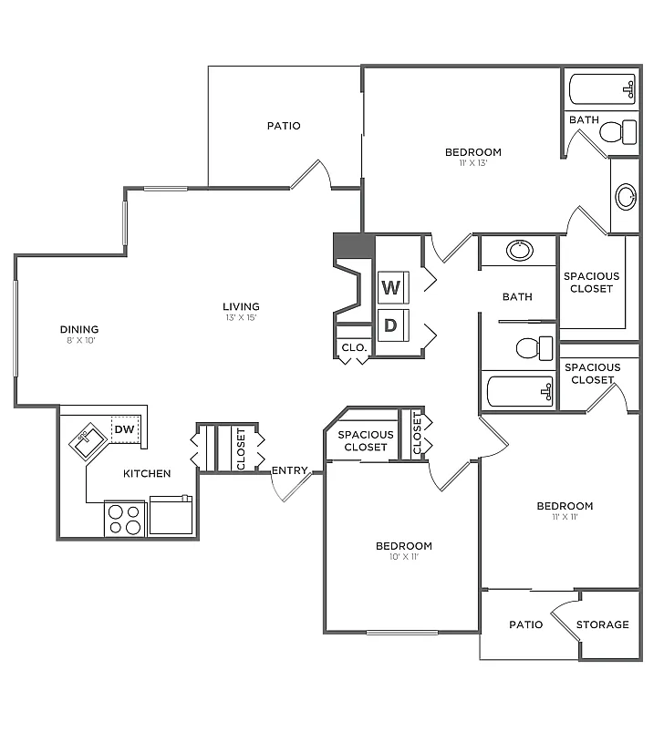 Floor plan Three Bedroom Two Bath (1205 SF)