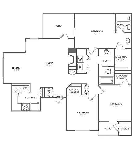 Floor plan Three Bedroom Two Bath (1205 SF)