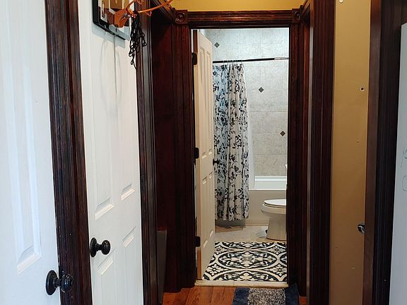 Hall from kitchen to bath, living room, and bedroom #1. Doors on left to washer/dryer, pantry then bedroom #1