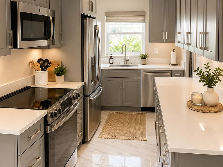 Fully equipped modern kitchen with new appliances, brand new cabinets, plenty of counter space, and everything needed for cooking meals during short or extended Naples stays.
