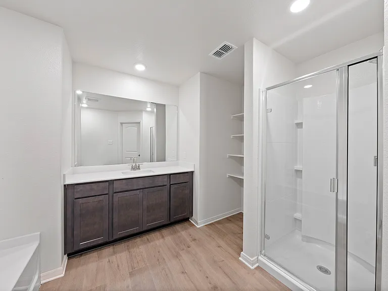 The master bathroom has a large vanity space and glass, walk-in shower.