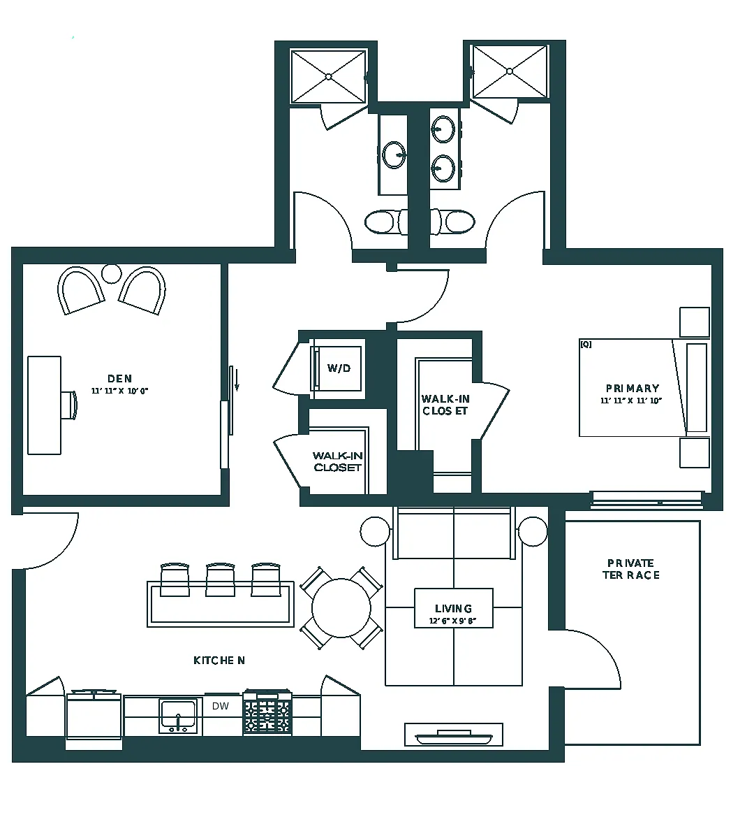 Floor plan 1 Bed/2 Bath Den-B8.2R