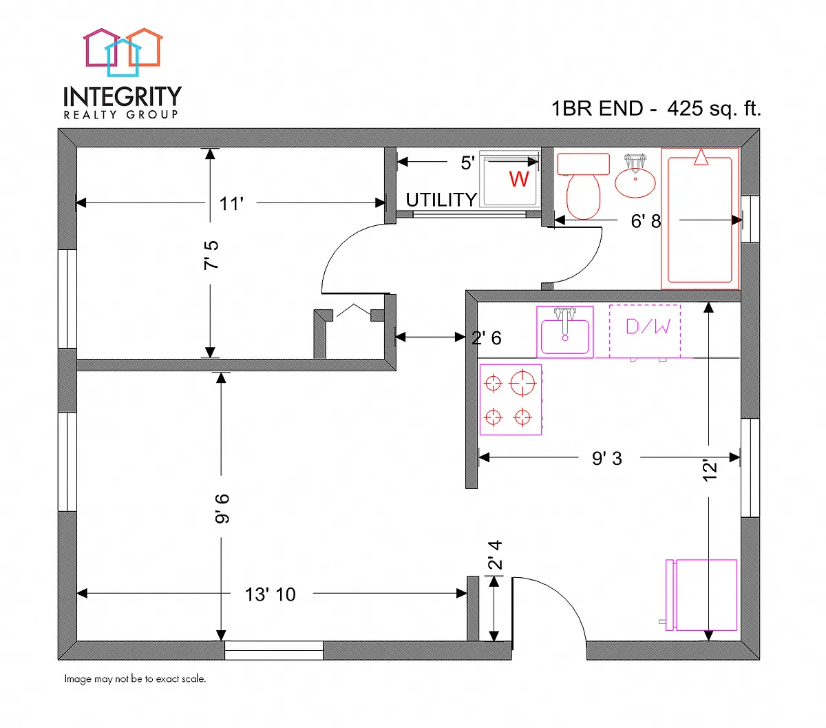 Floor plan One Bedroom 1 Bath (End Apartment)