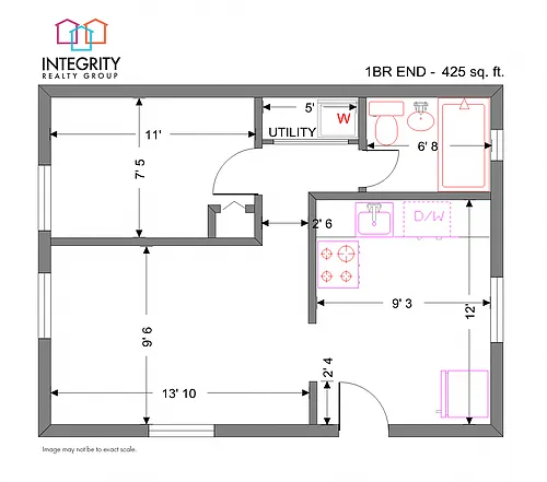 Floor plan One Bedroom 1 Bath (End Apartment)
