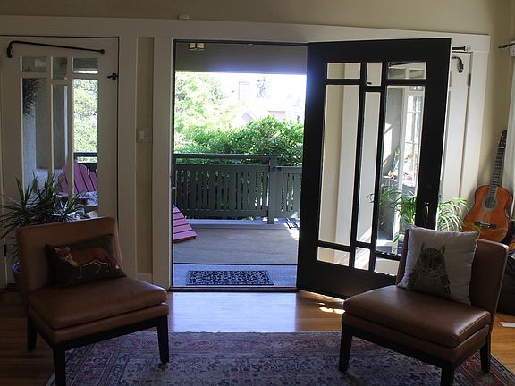 View out the front doors from the living room