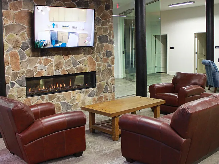 Community Room with full kitchen, fireplace & lounge area