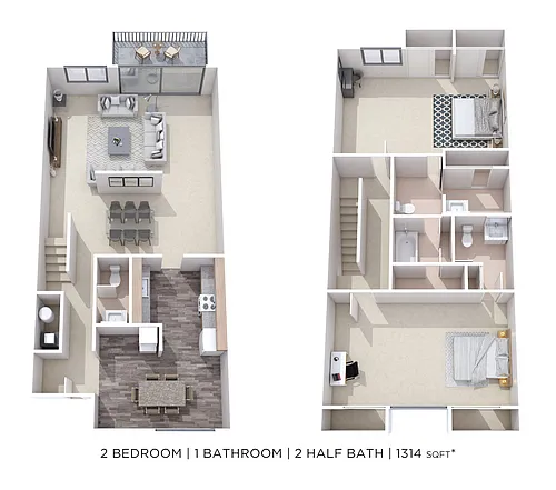 Floor plan Two Bedroom 1.5 Bath Townhome- Courtyard