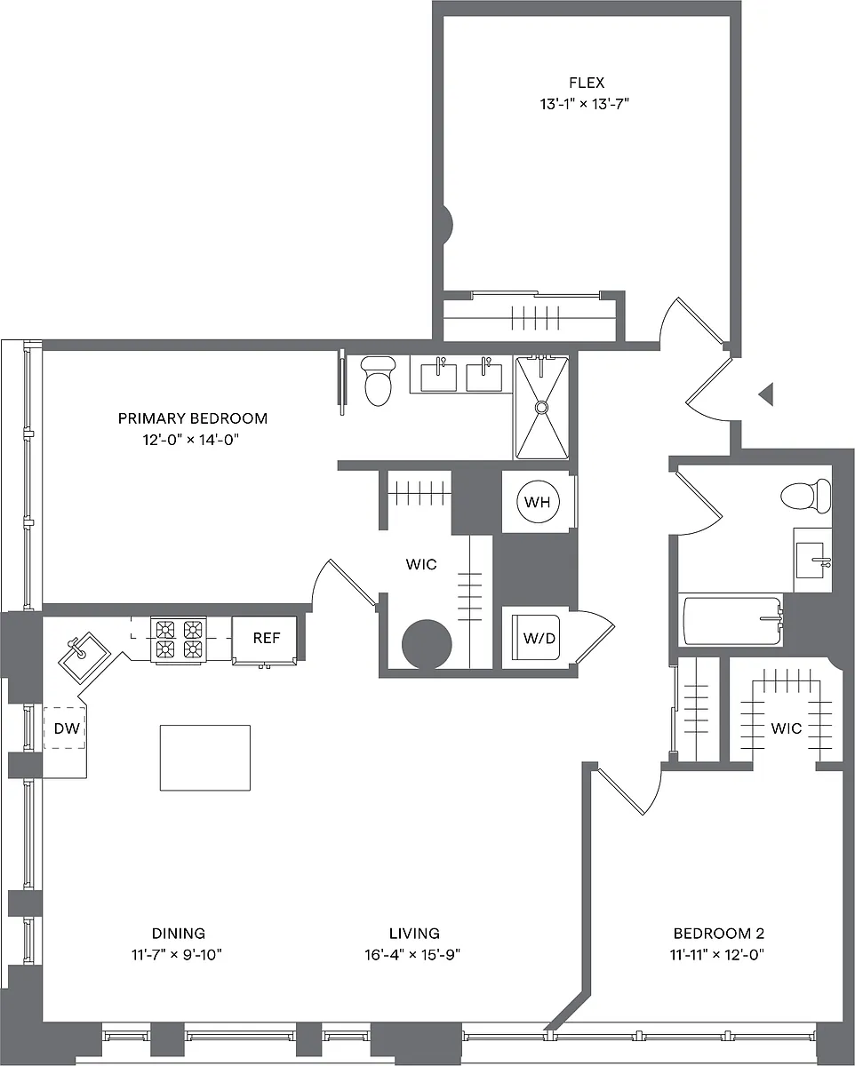 Floor plan 2 Bed+1Flex/2 Bath_B1D
