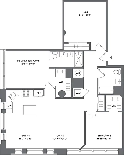 Floor plan 2 Bed+1Flex/2 Bath_B1D