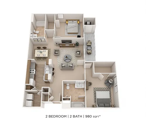 Floor plan Two Bedroom 2 Bath- 980 sqft