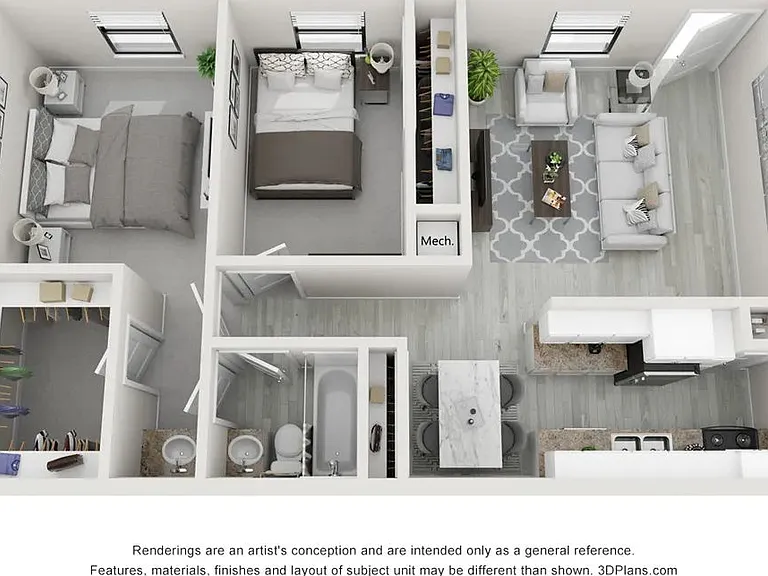 A 3D floor plan rendering of The Bismarck.