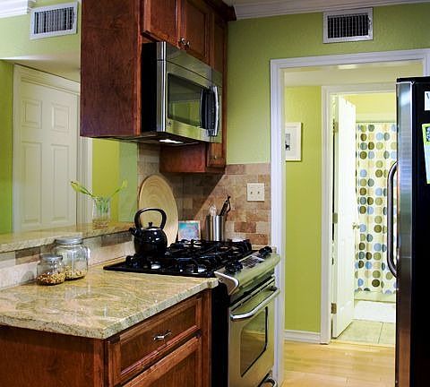 A 4 Burner, Stainless Steel Gas Range and Overhead microwave in the kitchen