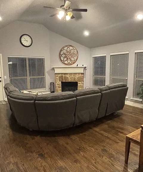 gorgeous wood burning fireplace with gas lighting capabilities