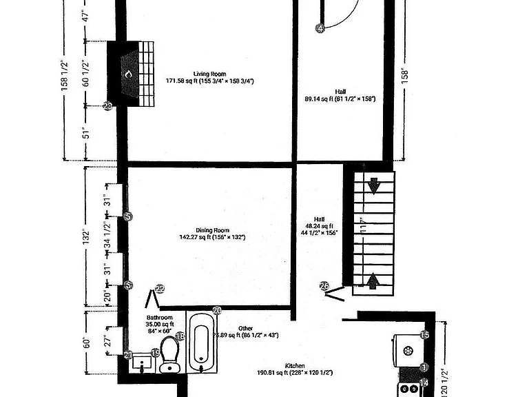 1st floor layout. (DRAFT - needs adjustment at the kitchen. Should be shifted to align with the stair wall.