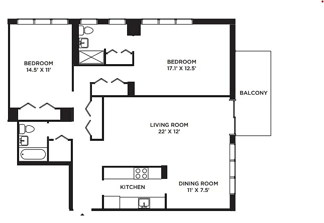 Floor plan Madison Towers- 2 BD 2 BA