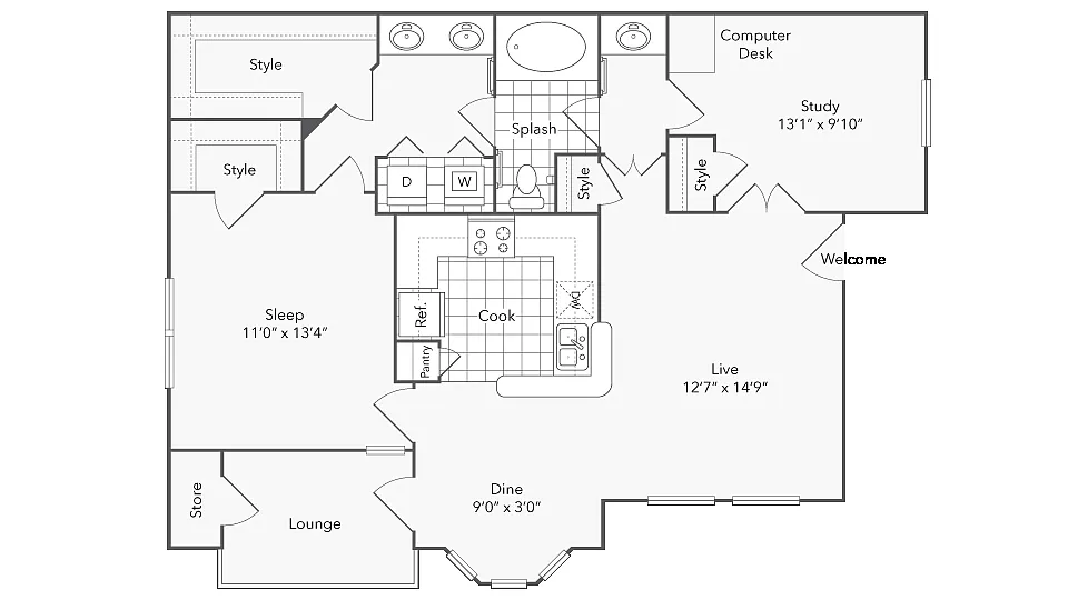Floor plan 2 Bed 1 Bath Washer Dryer