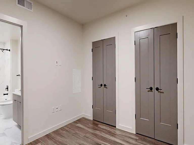 Spacious apartment Bedroom with Large Closet and Wood Style Flooring.