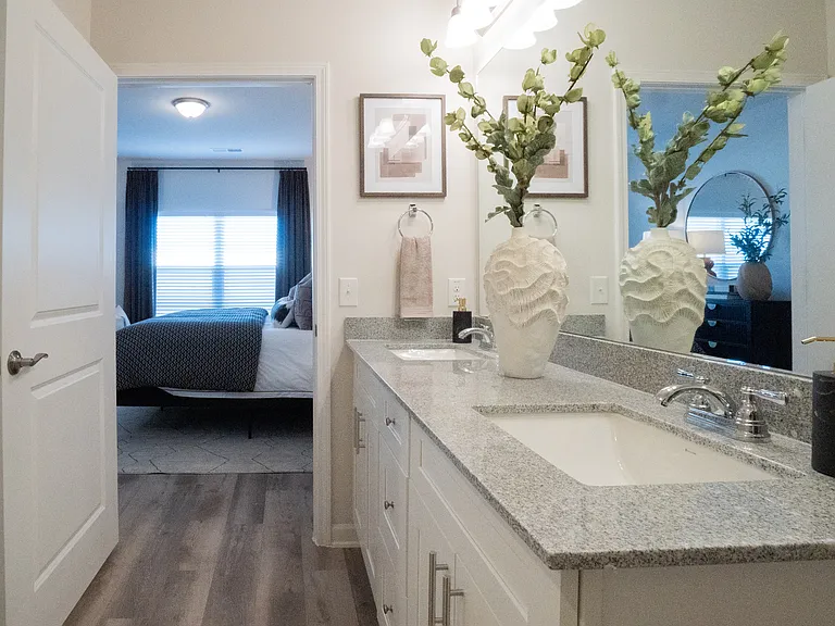 Primary bathroom with double vanity and walk-in closet