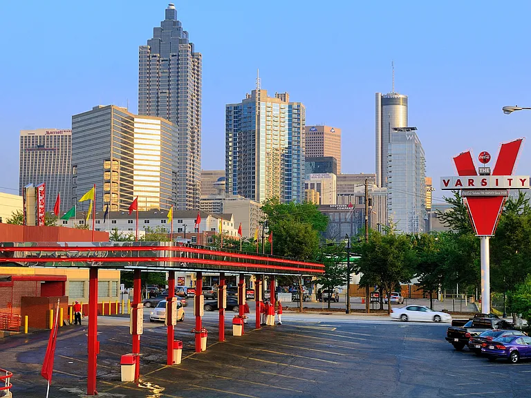 Check out The Varsity, popular drive-in for chili dogs, burgers and steeped in Atlanta history.