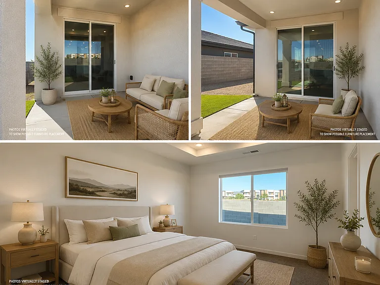 Covered patio and primary bedroom, furniture placement ideas