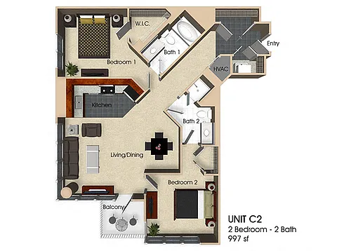 Floor plan (C2) 2 Bedroom - 2 Bathrooms