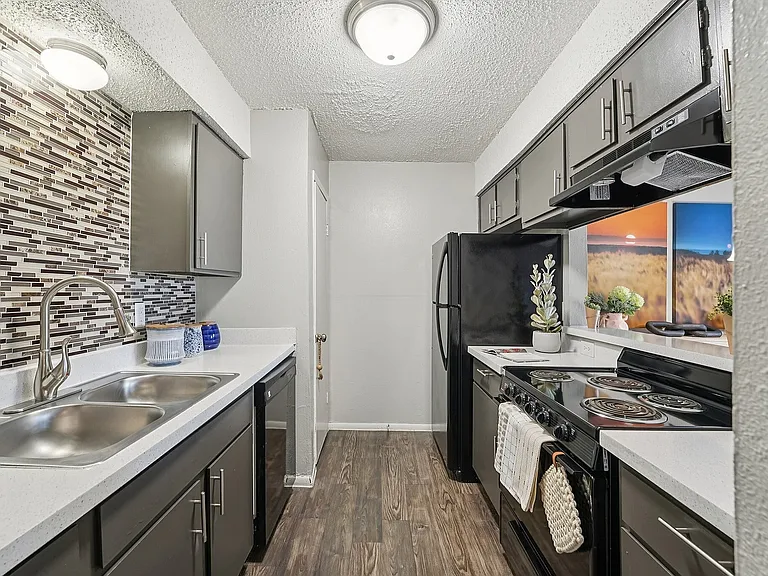 Stylish Modern Kitchen with Dark Cabinetry in Waco Apartments