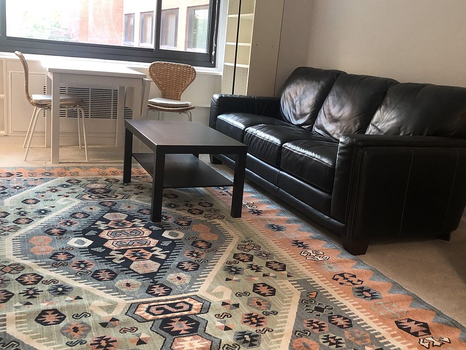 Living area: Plush leather sofa & dining table.