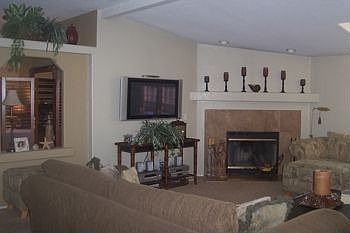 Travertine Fireplace in Liv.Rm.