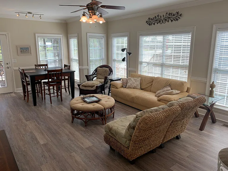 Large living dining area in open plan with lots of natural light.