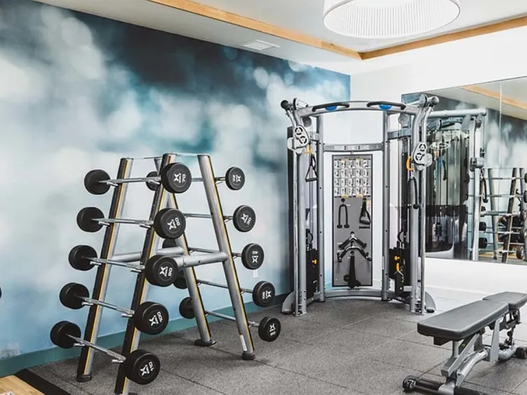 Fitness studio features weight stations including free weights and weight machines
