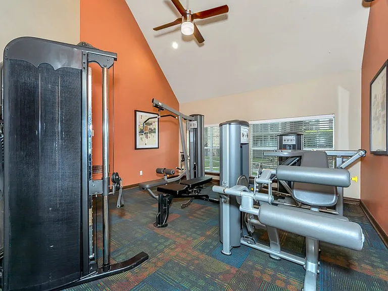 Modern fitness center with workout equipment for resident use