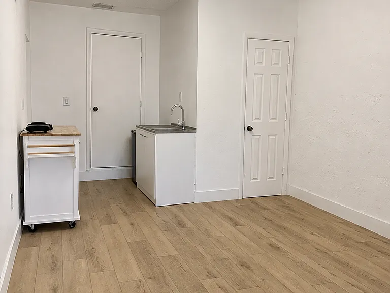 View from the sleeping area toward the kitchenette and private bathroom, showing the open layout and available living space