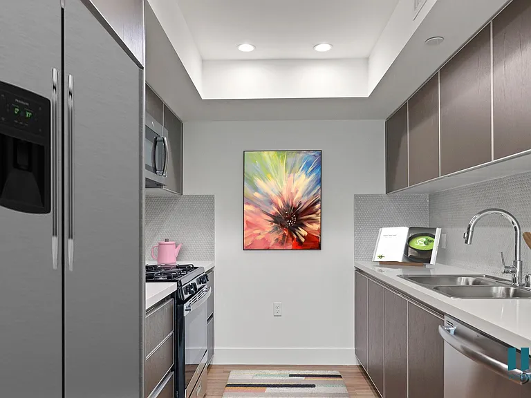 Modern Kitchen with Stainless-Steel Refrigerator, Stve, Microwave Oven, and Dishwasher