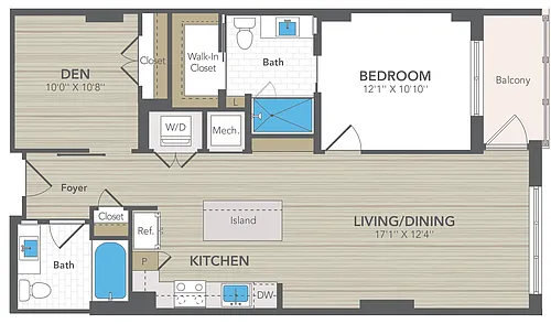 Floor plan 1 Bed 2 Bath with Den