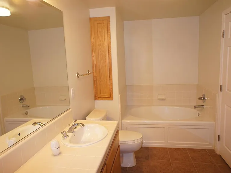 Luxurious bathroom with stall shower as well as a tub along with dual vanity