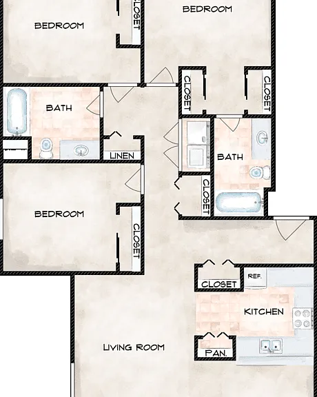 3 Bed 2 Bath Floorplan Diagram