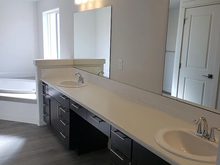 Primary bathroom with dual vanities and walk-in closet