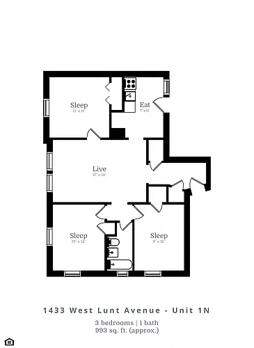 Floor plan 3 Bedroom | 1 Bath (D1)