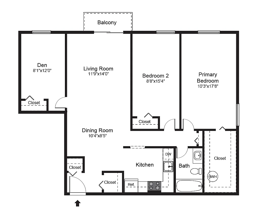 Floor plan Two Bedroom Den Medium