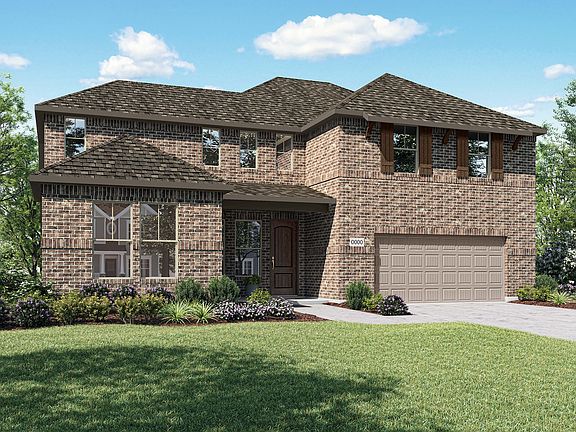 A two-story brick house with a tiled roof sits on a well-manicured lawn, surrounded by lush greenery