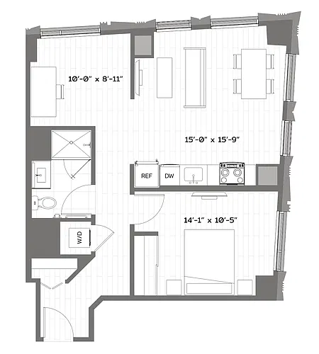 Floor plan 1 Bed/1 Bath Den-T-AD2