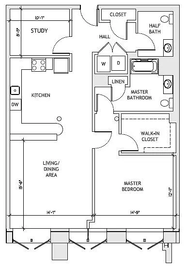 Floor plan 1 BD 1.5BA DEN