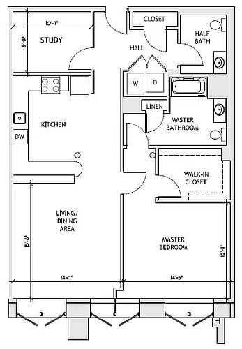 Floor plan 1 BD 1.5BA DEN