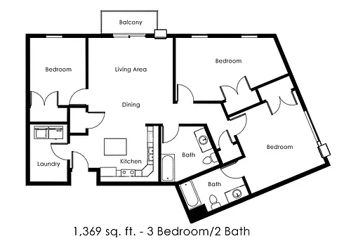 Floor plan 3 Bed 2 Bath | 1369 sqft
