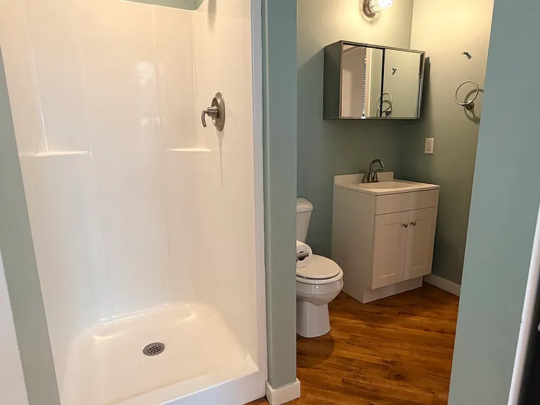 Shower (Photos of similar unit with same floor plan. Unit 211 will have higher exposed beam ceilings. Colors, finishes, and fixtures may vary)