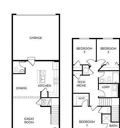 Floor Plan. All Bedrooms are located upstairs, along with an open Den/Tech Niche/Play Area and Laundry room. 2-car garage with automated opener.
