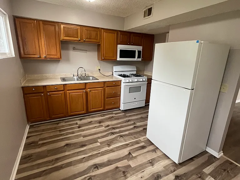Kitchen, microwave and gas stove/oven