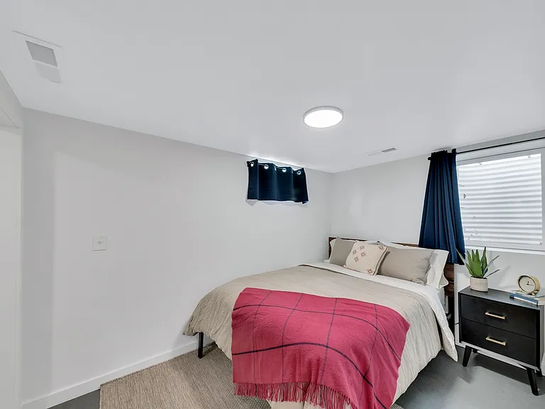 Lower level bedroom with queen bed, walk-in closet and nightstand